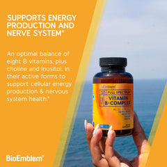 BioEmblem B-Complex capsules closeup highlights methylated B12 for direct use.