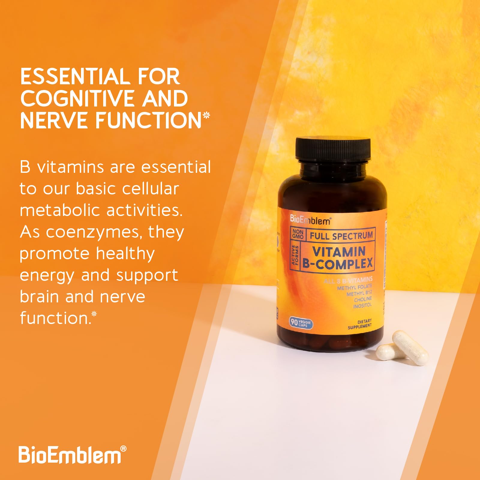 BioEmblem B-Vitamin label details show 8 active forms and vegan capsules.