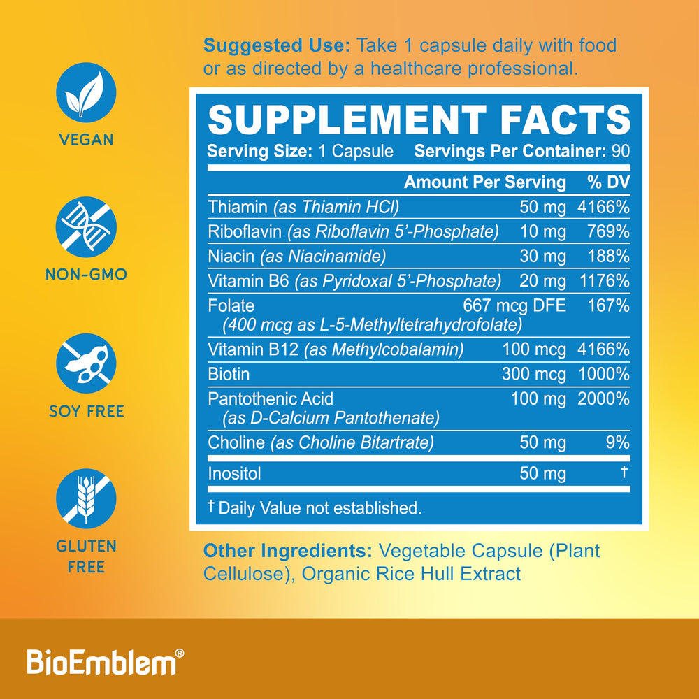 BioEmblem B-Complex in pantry setup suggesting daily routine and consistency.