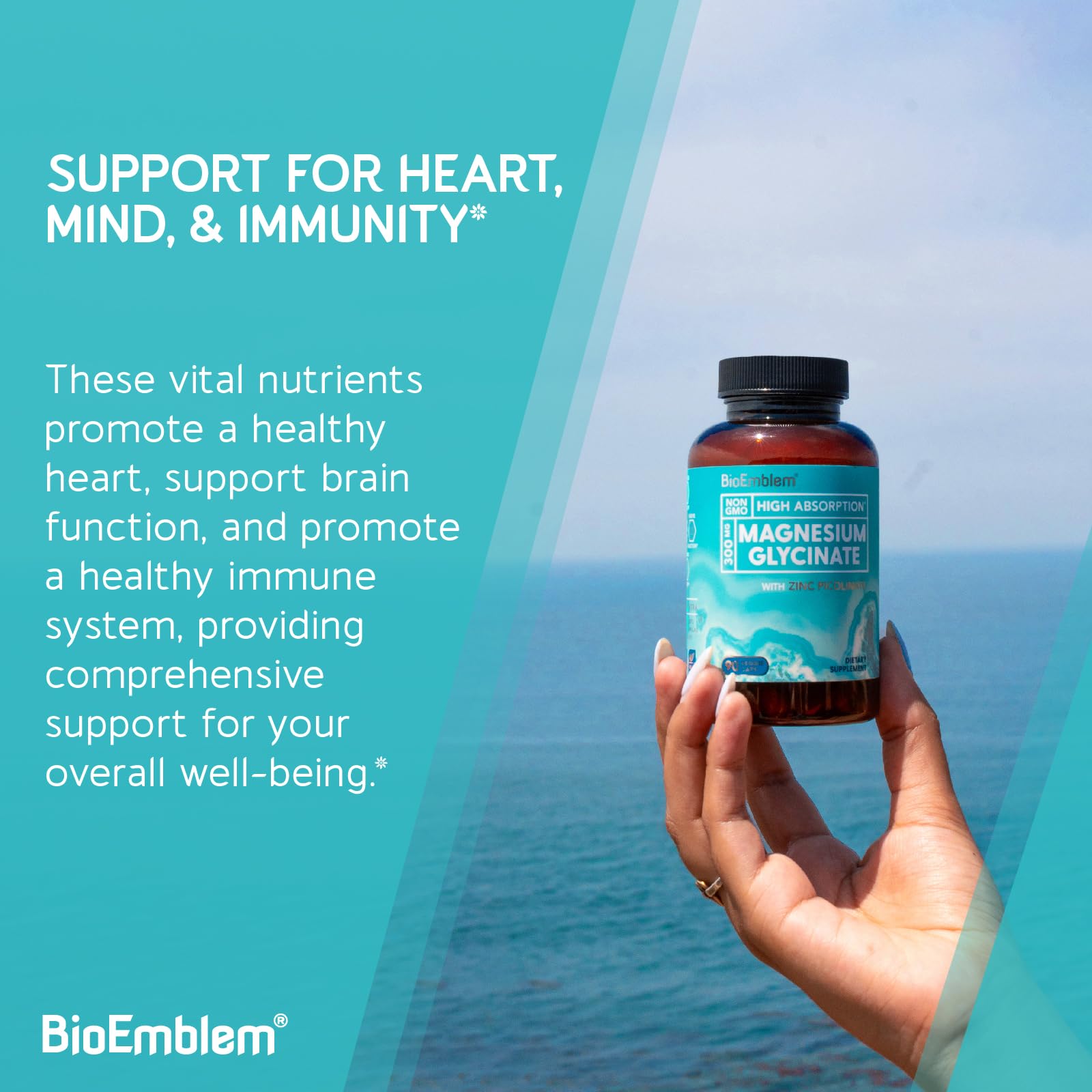 BioEmblem capsules pouring into hand demonstrate easy daily intake.