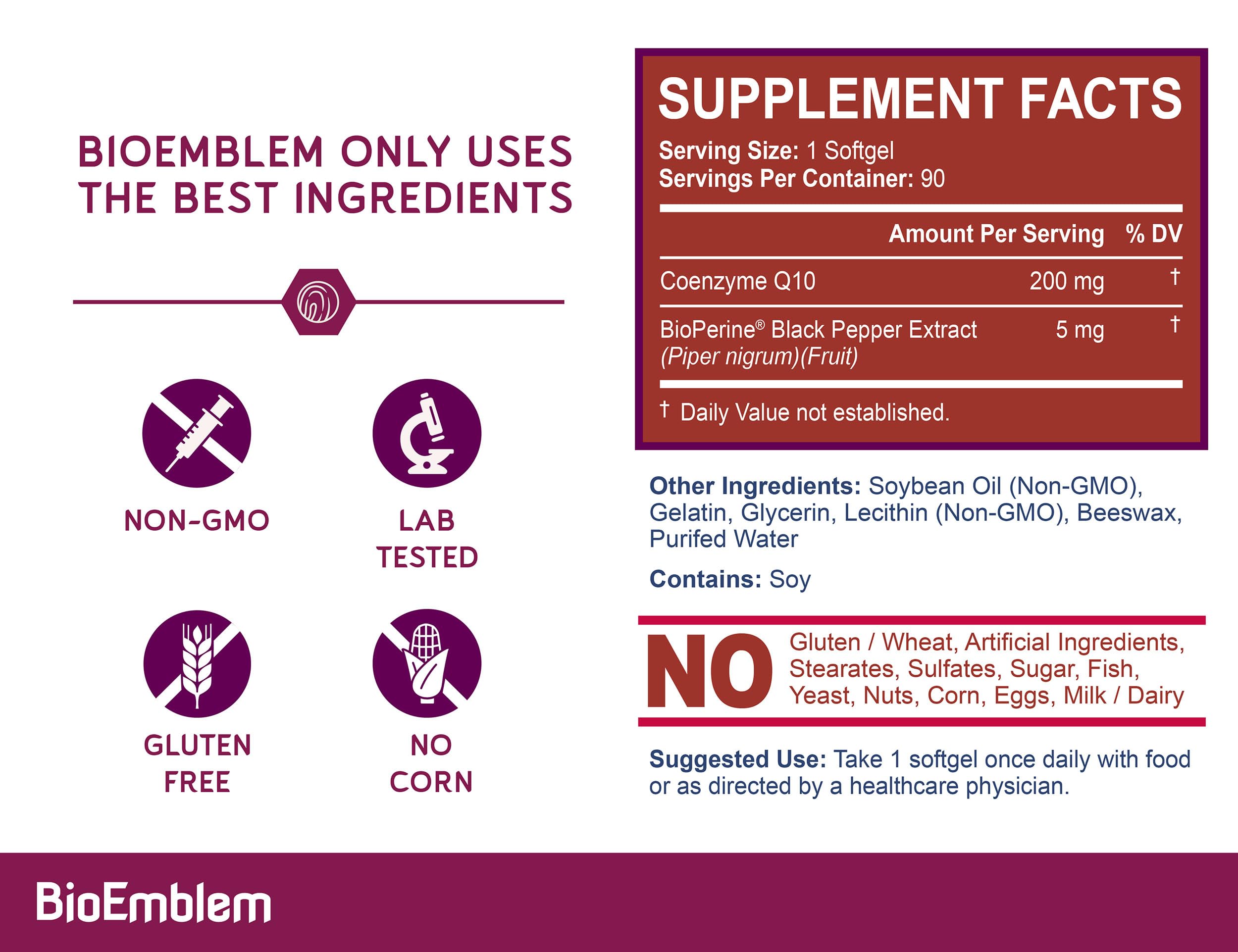 BioEmblem CoQ10 Bioperine bottle emphasizing enhanced absorption.