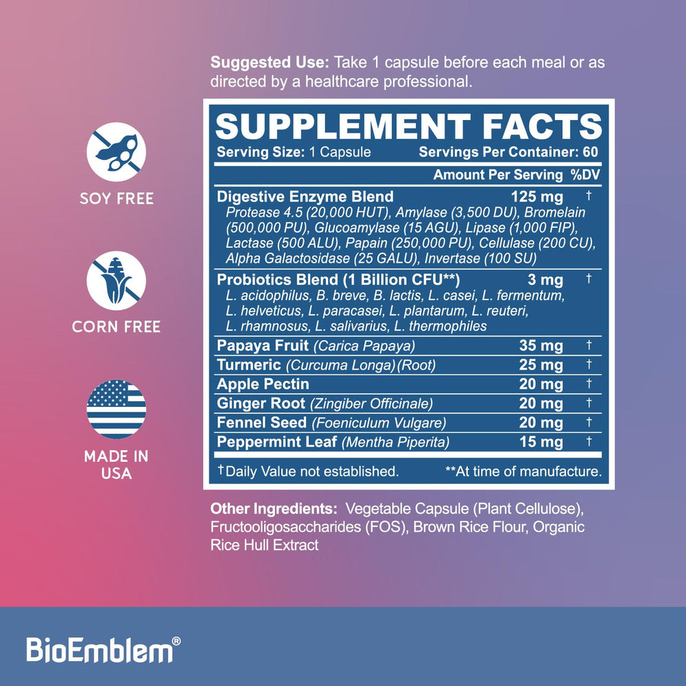 BioEmblem probiotic capsules with 12 strains to support gut balance.