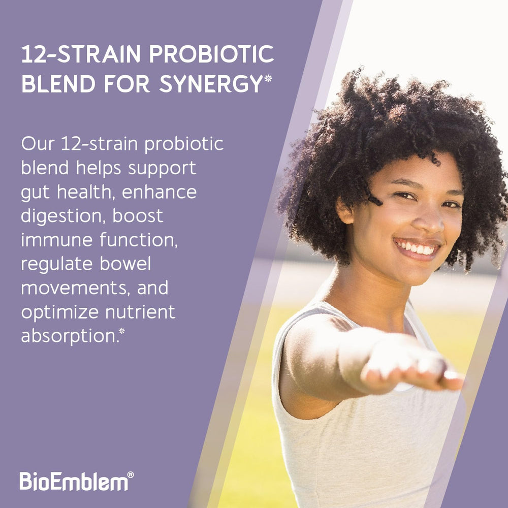 Vegan BioEmblem capsules visible for plant-based digestion support.
