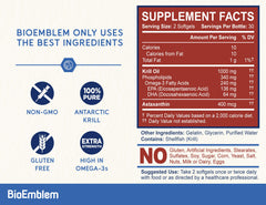 Graphic shows 136 mg EPA and 64 mg DHA with phospholipids and astaxanthin in BioEmblem Krill Oil.