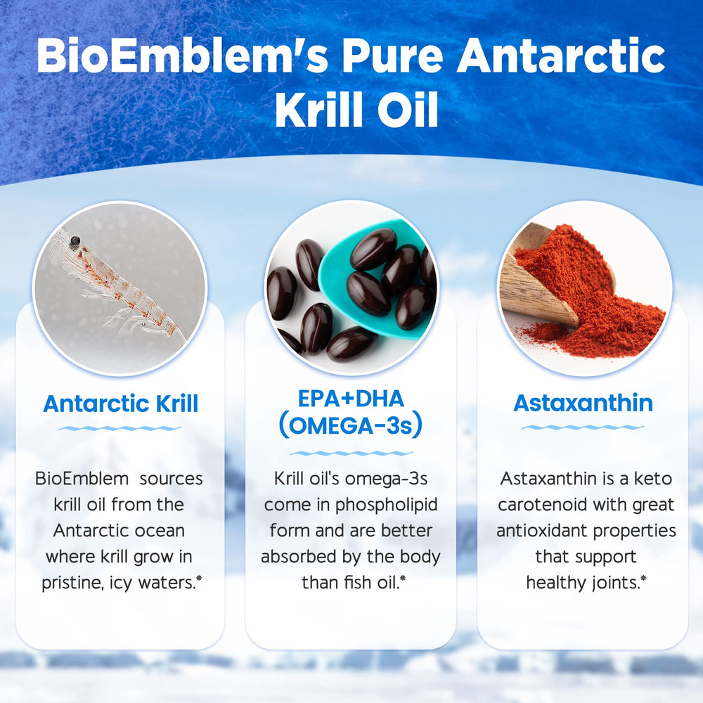 BioEmblem Krill Oil label detailing EPA/DHA and astaxanthin for antioxidant support