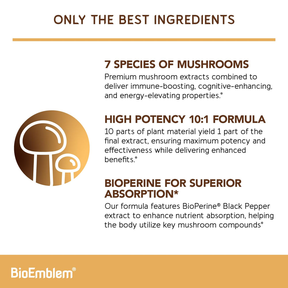 BioEmblem Mushroom Complex bottle label close-up highlighting 10:1 mushroom extracts.