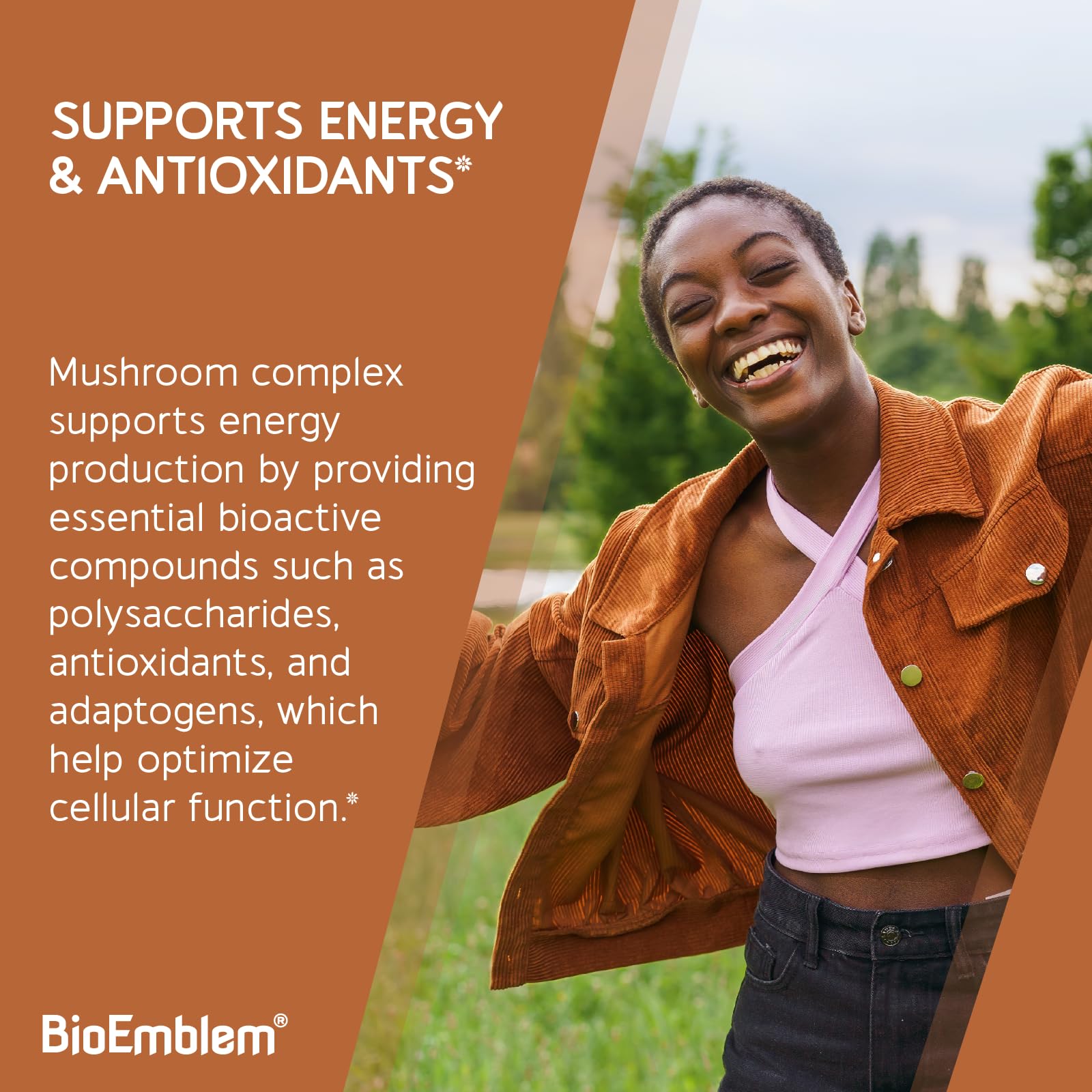 BioEmblem Mushroom Complex capsules arranged for easy daily dosing and focus support.