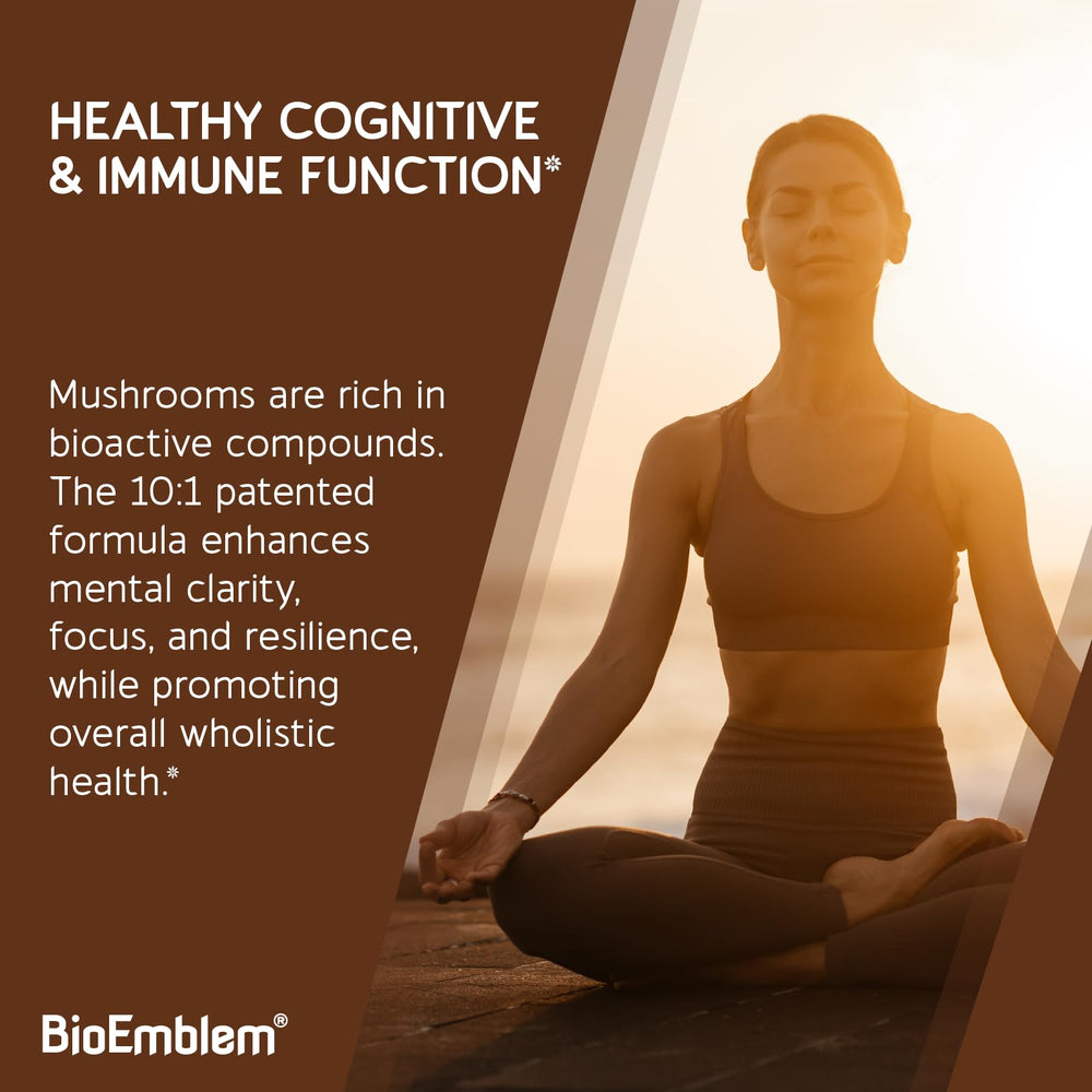 BioEmblem Mushroom Complex seven-mushroom illustration featuring Lion's Mane and Cordyceps.