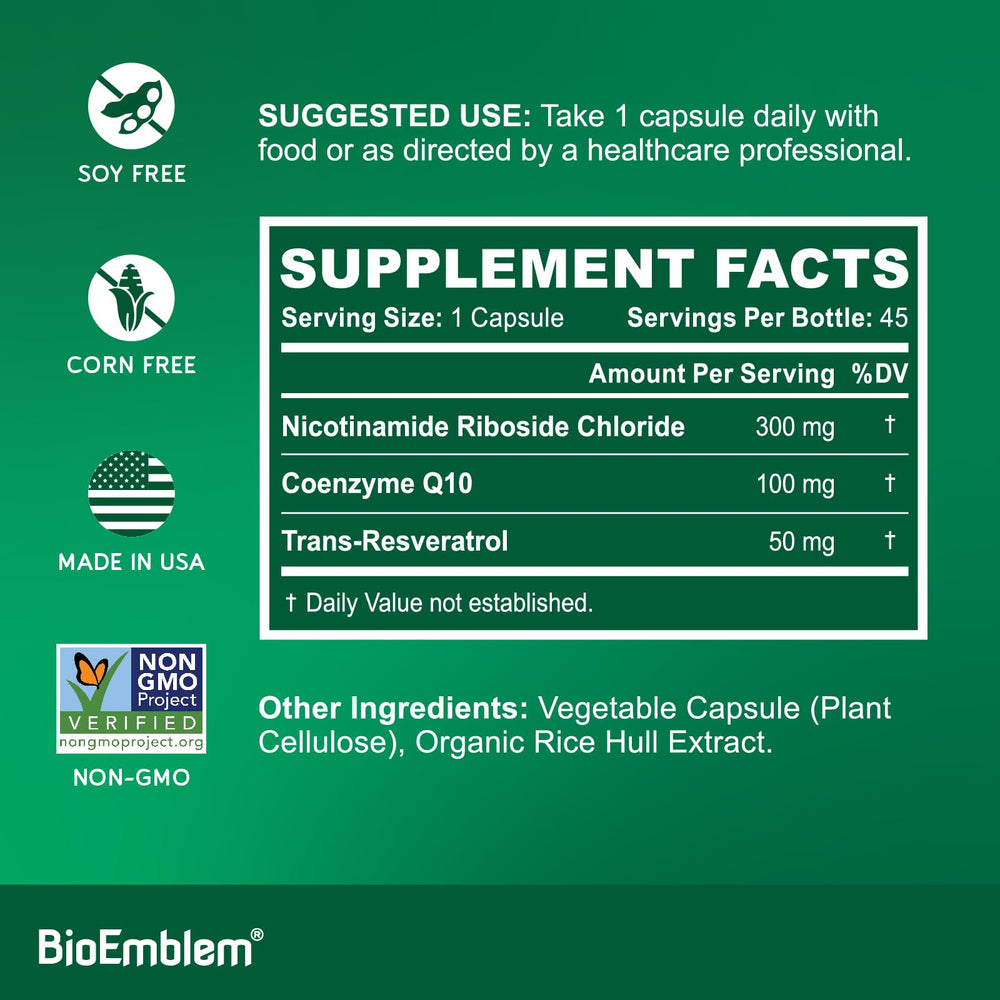 BioEmblem NAD+ capsules closeup highlights easy-to-take capsules for daily use.