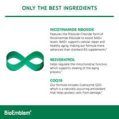 BioEmblem NAD+ label with CoQ10 and Resveratrol signals a multi-ingredient energy and longevity blend.