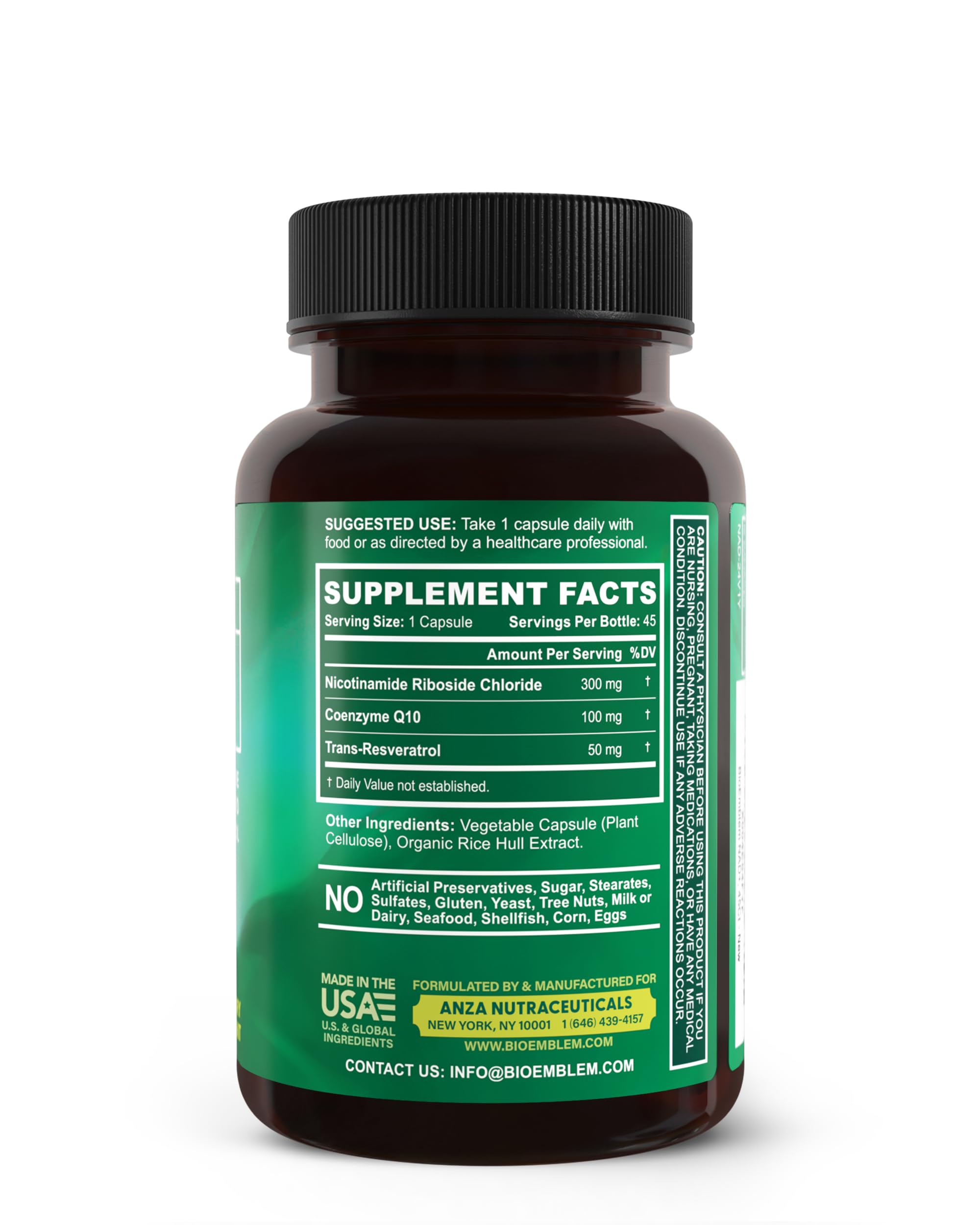 BioEmblem NAD+ non-GMO gluten-free seal indicates clean, allergen-aware supplement.