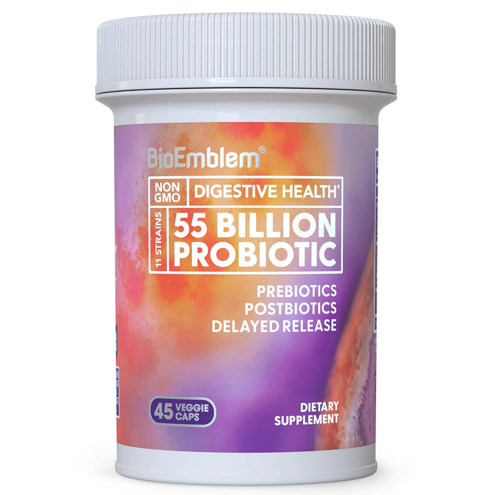BioEmblem Probiotics bottle shows 55 Billion CFU for digestive support.