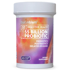 BioEmblem Probiotics bottle shows 55 Billion CFU for digestive support.