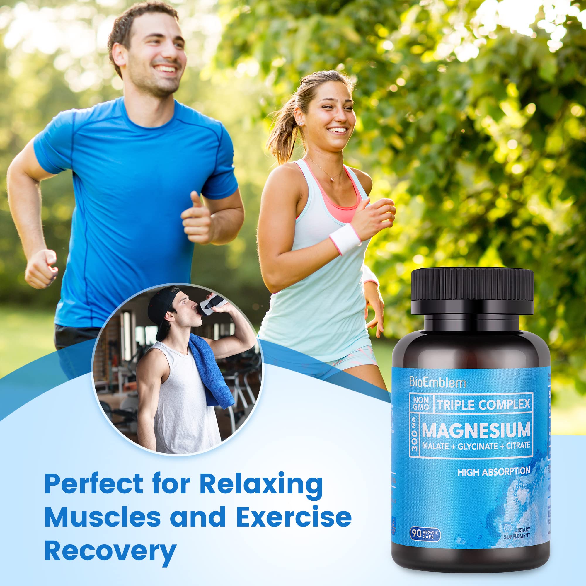 BioEmblem Triple Magnesium capsules close-up emphasizing glycinate for muscle support.
