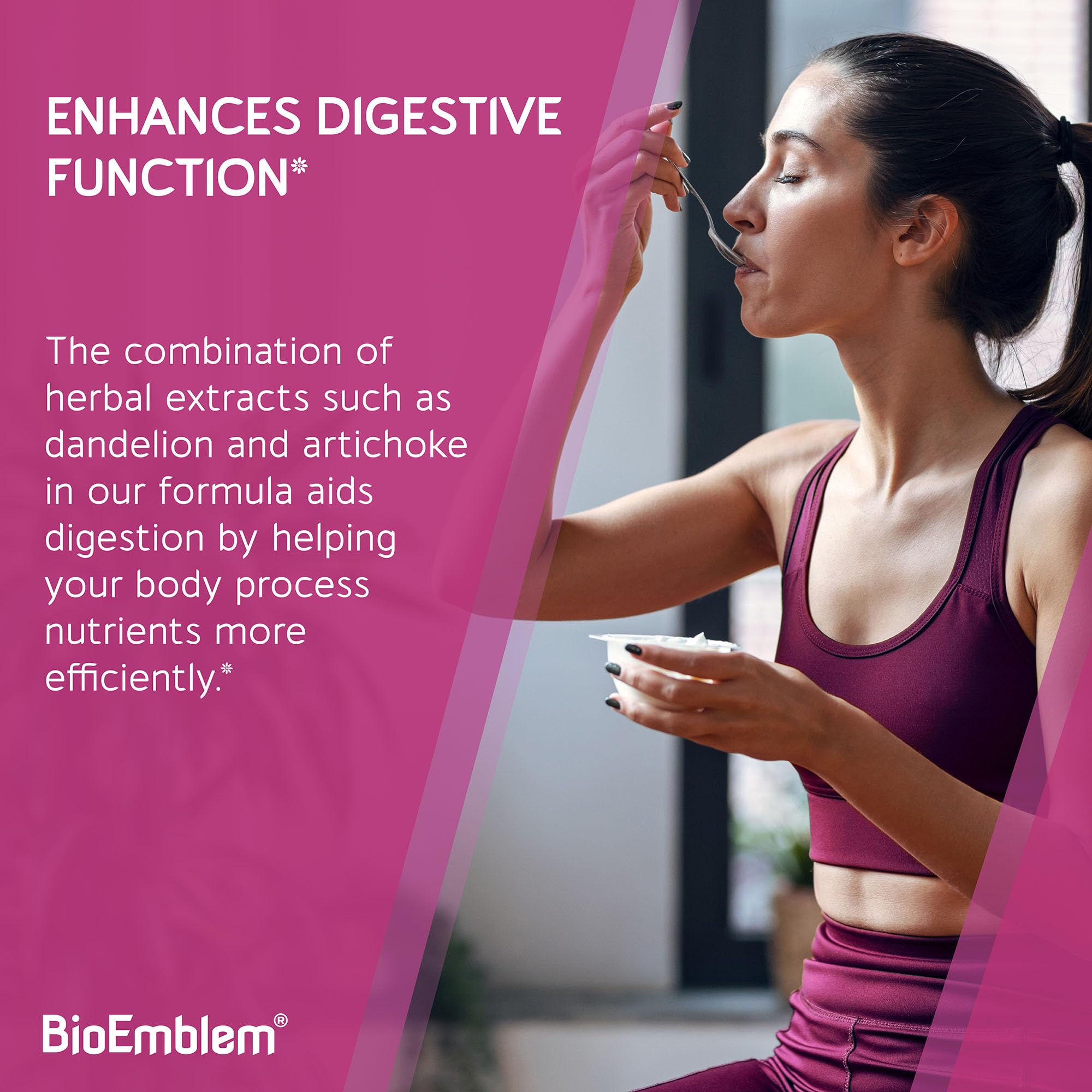 BioEmblem vegan capsules in clear bottle illustrating plant based formula