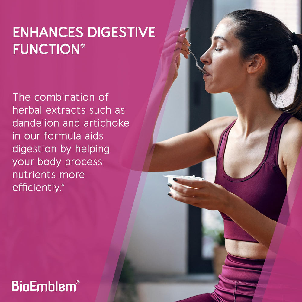 BioEmblem vegan capsules in clear bottle illustrating plant based formula