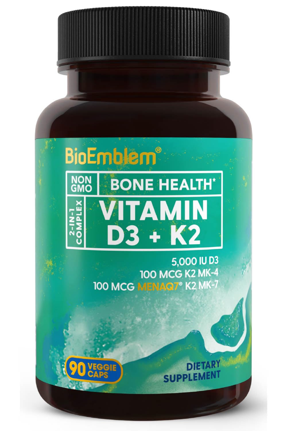 BioEmblem Vitamin D3 K2 capsules bottle front shows 3-in-1 formula for teeth and heart