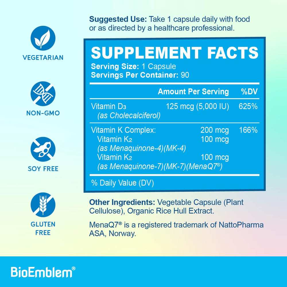 BioEmblem Vitamin D3 K2 capsules label indicates vegetarian, non-GMO formula