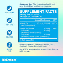 BioEmblem Vitamin D3 K2 capsules label indicates vegetarian, non-GMO formula