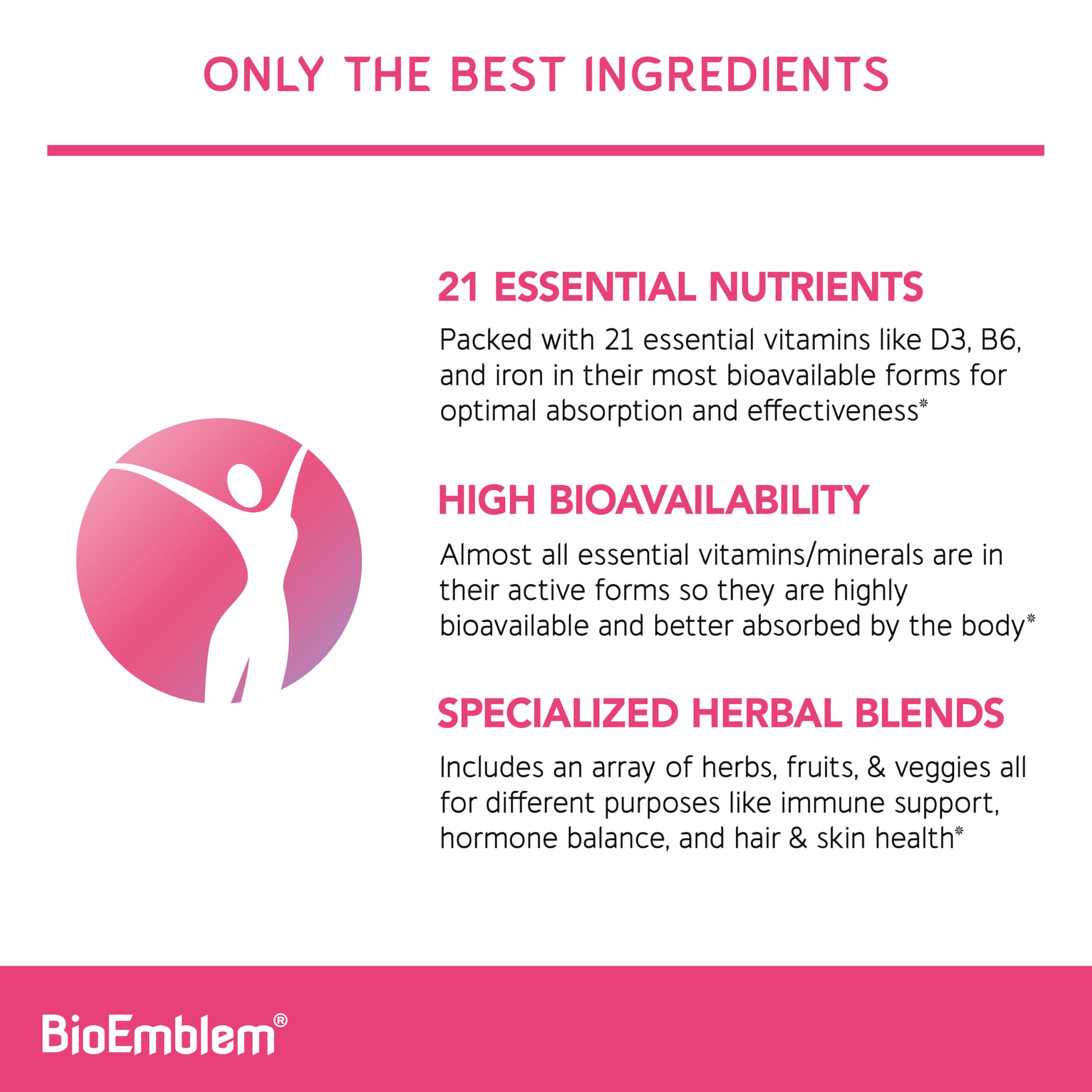 BioEmblem Women's Multivitamin capsules displayed, emphasizing veggie capsules for gluten-free daily support.