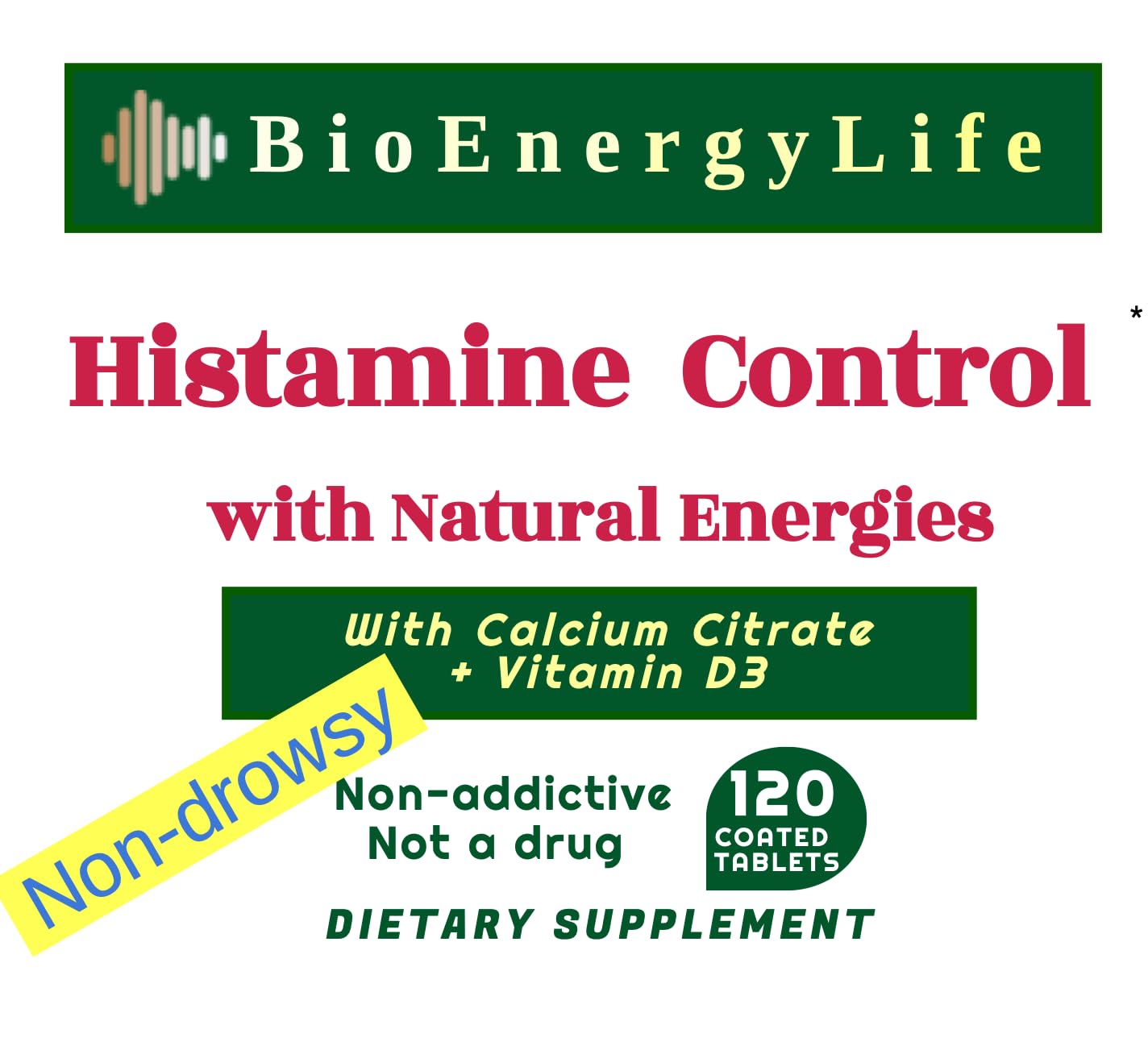 BioEnergyLife Histamine Control bottle 120 count on shelf for daily use.
