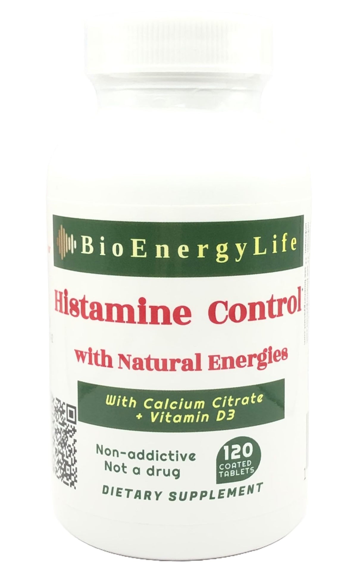 BioEnergyLife Histamine Control bottle front view, non-drowsy daily support at a glance.