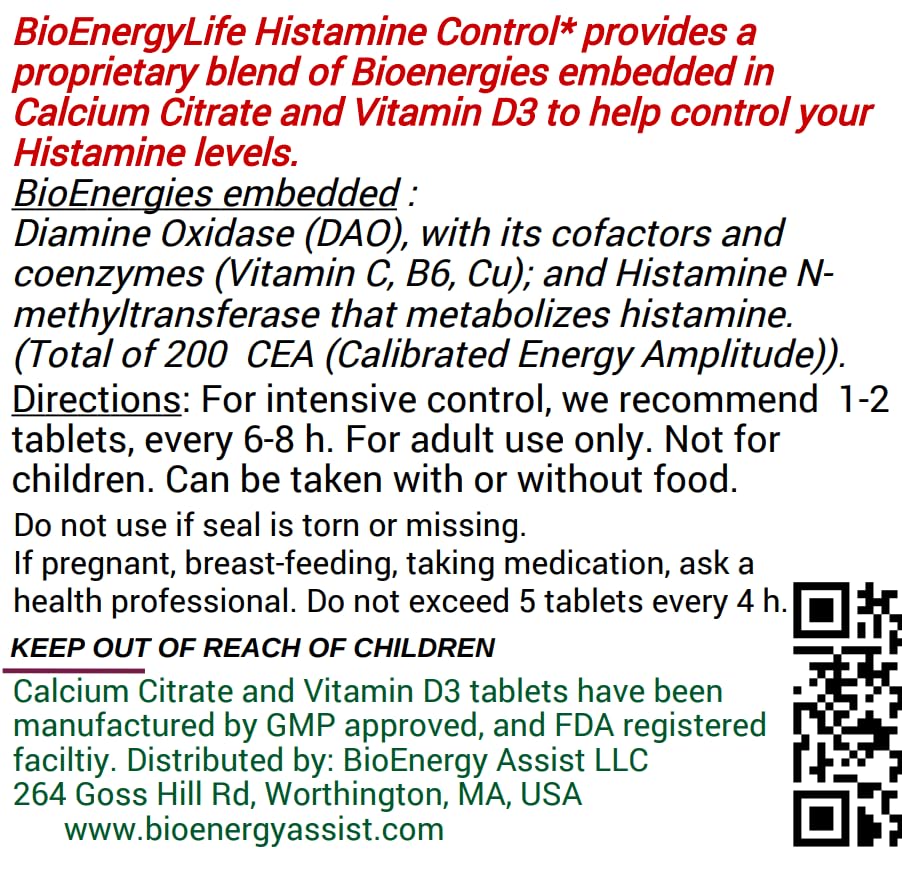 BioEnergyLife Histamine Control facility badge on packaging emphasizing quality standards.