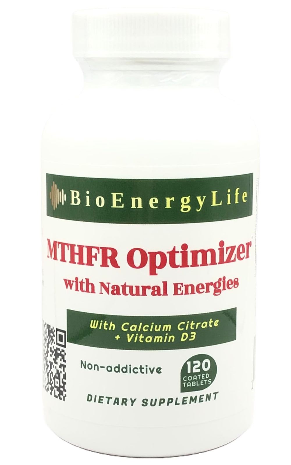 BioEnergyLife MTHFR Optimizer bottle-front view, convenient daily support for nutrient metabolism