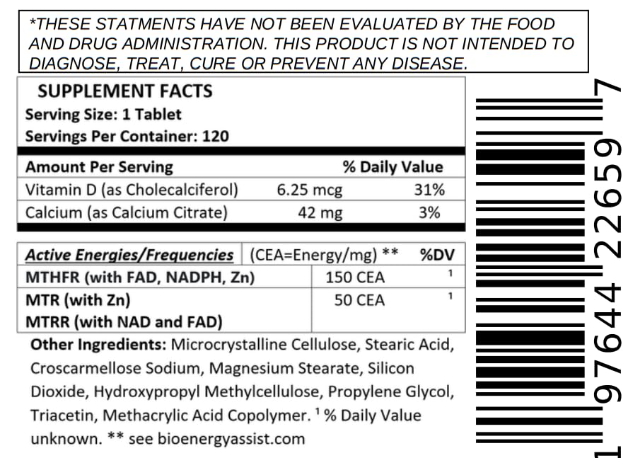 BioEnergyLife MTHFR Optimizer bottle-side view, compact design for easy daily use