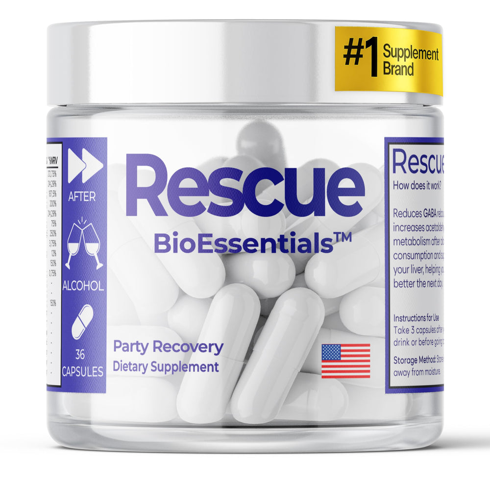 BioEssentials Rescue bottle front promotes daily recovery support and clarity.
