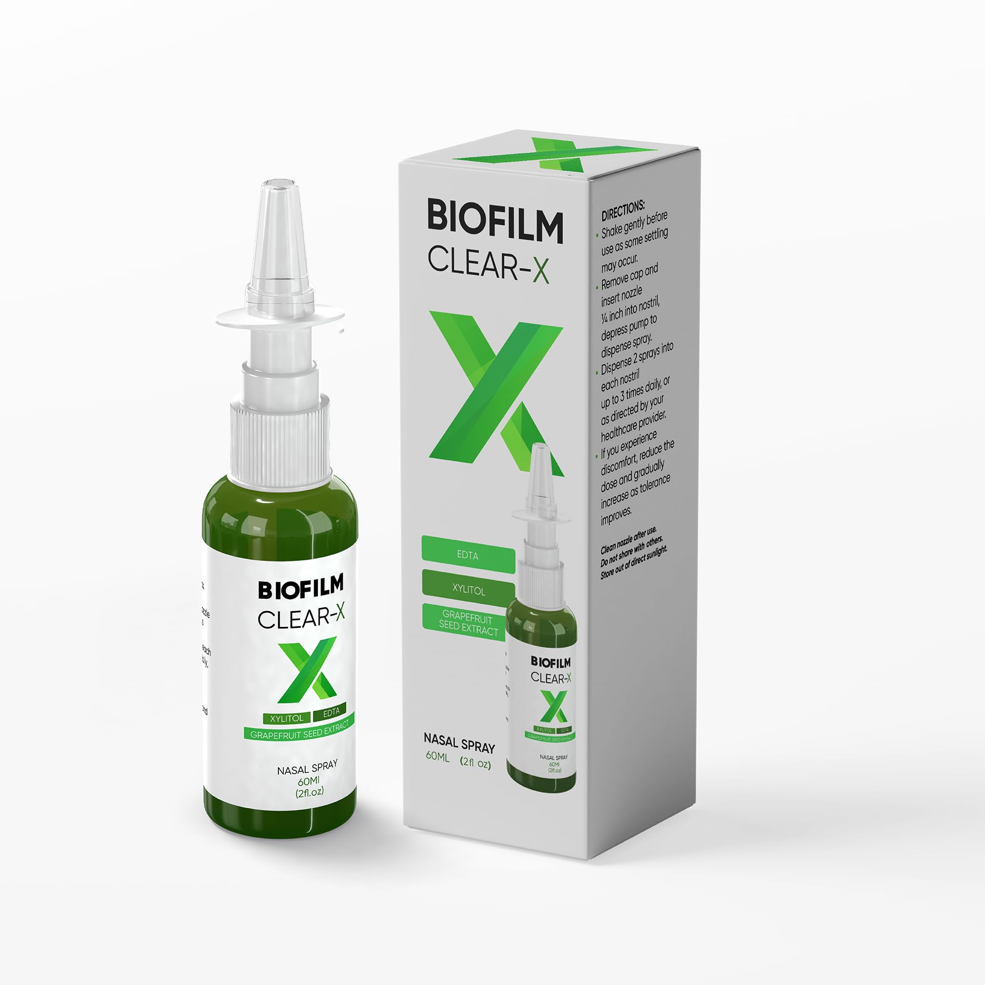 BioFilm Clear-X nasal spray bottle for daily cleansing routine.