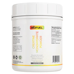 Biofuel Creatine Monohydrate Powder bottle boosts muscle growth during training sessions.