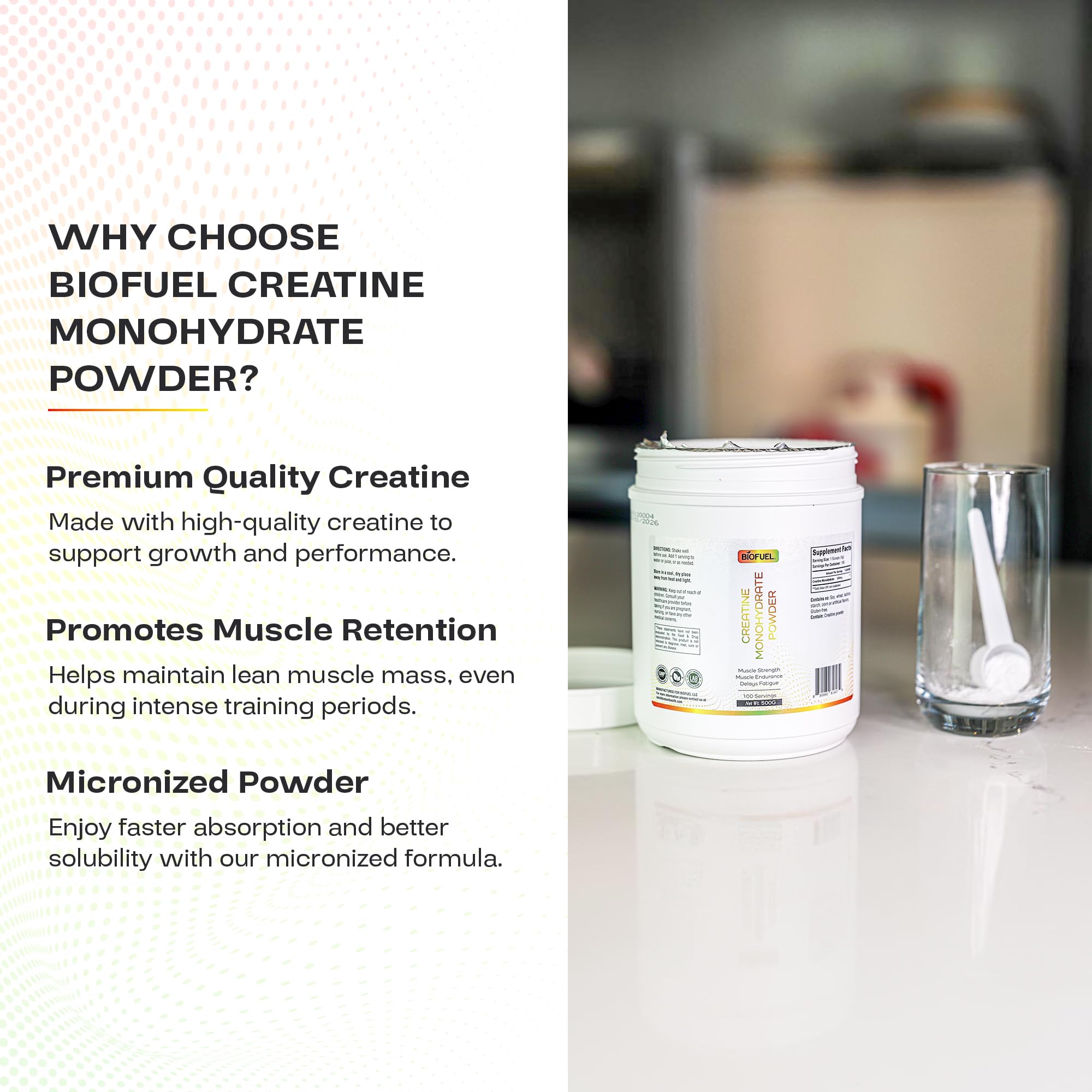 Scoop of Biofuel Creatine Monohydrate Powder ready to mix for stronger workouts.