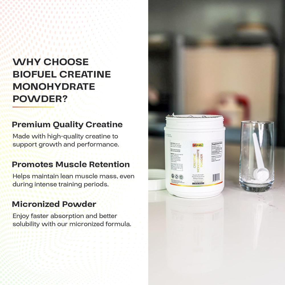 Scoop of Biofuel Creatine Monohydrate Powder ready to mix for stronger workouts.