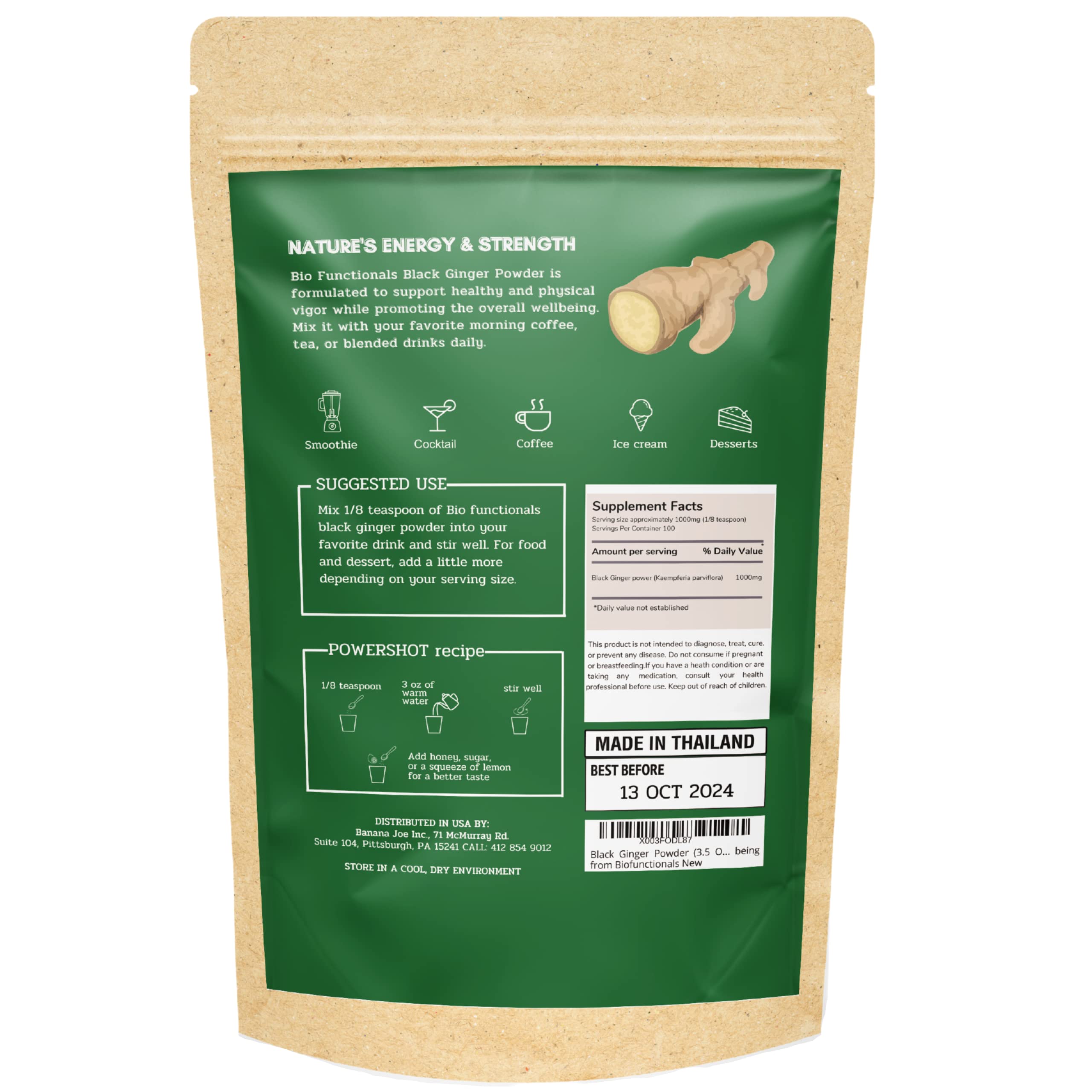 Powder dissolving in liquid, Biofunctionals black ginger ready to blend
