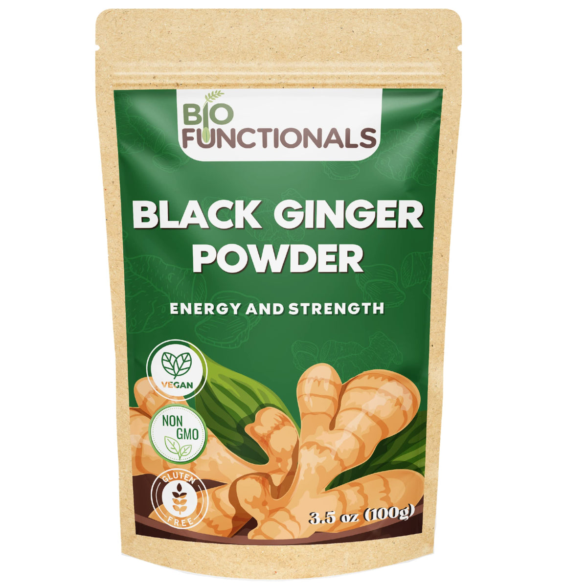 Biofunctionals black ginger powder in a jar ready to mix into shakes