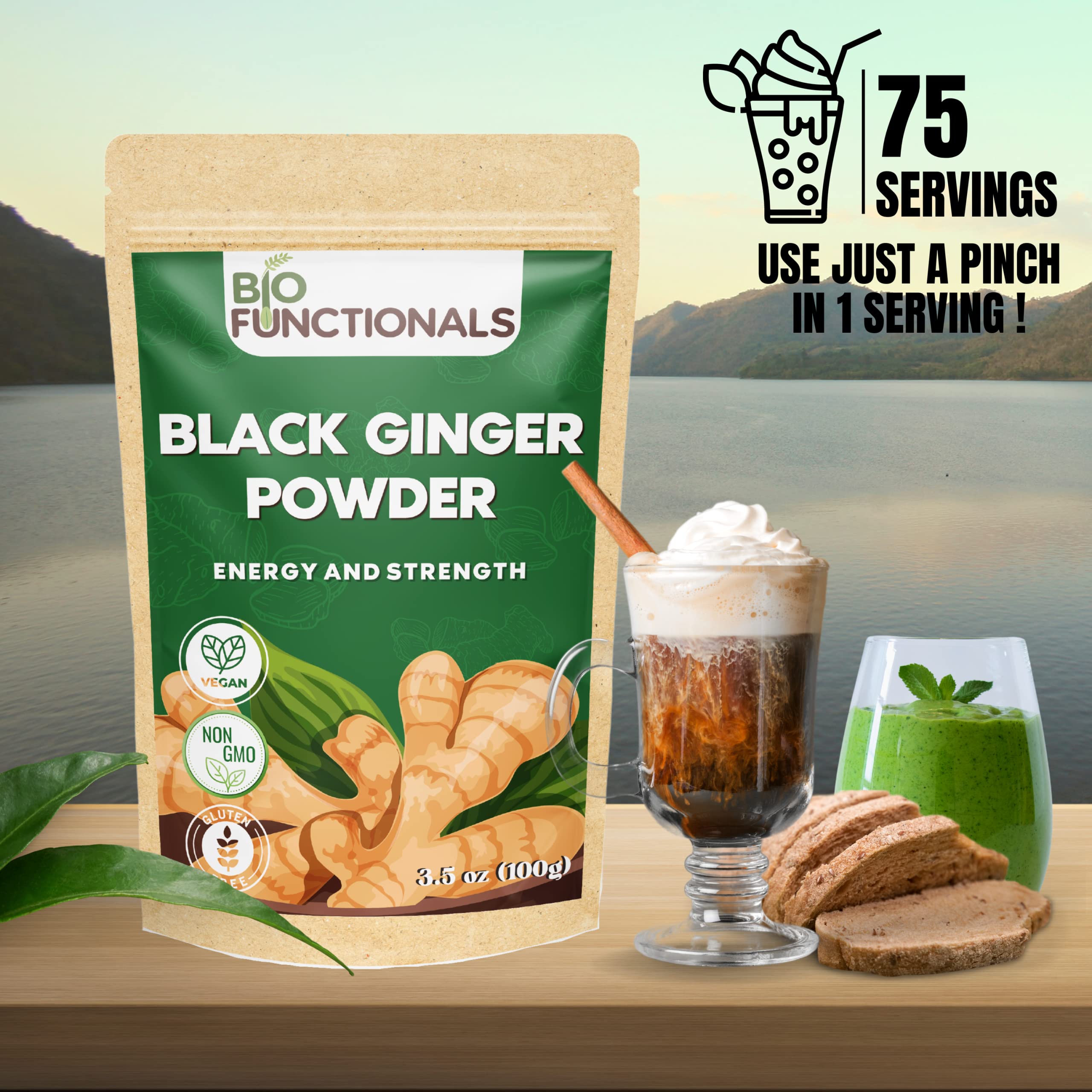 Smoothie featuring Biofunctionals black ginger powder for a flavorful energy boost