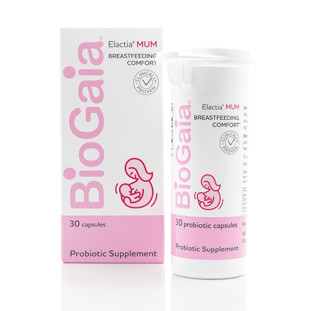 BioGaia Elactia bottle closeup highlighting daily probiotic support for breastfeeding comfort.