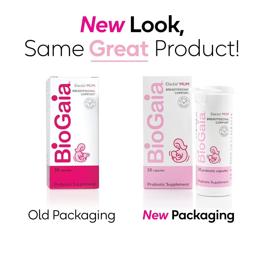 BioGaia Elactia label front showcases natural, organic probiotic for mom and baby.
