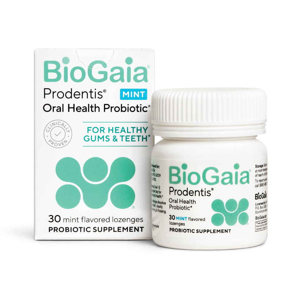 BioGaia Prodentis mint lozenges bottle promoting daily oral balance