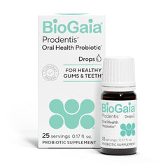 BioGaia Prodentis drops bottle illustrates daily use to support oral microbiome balance.