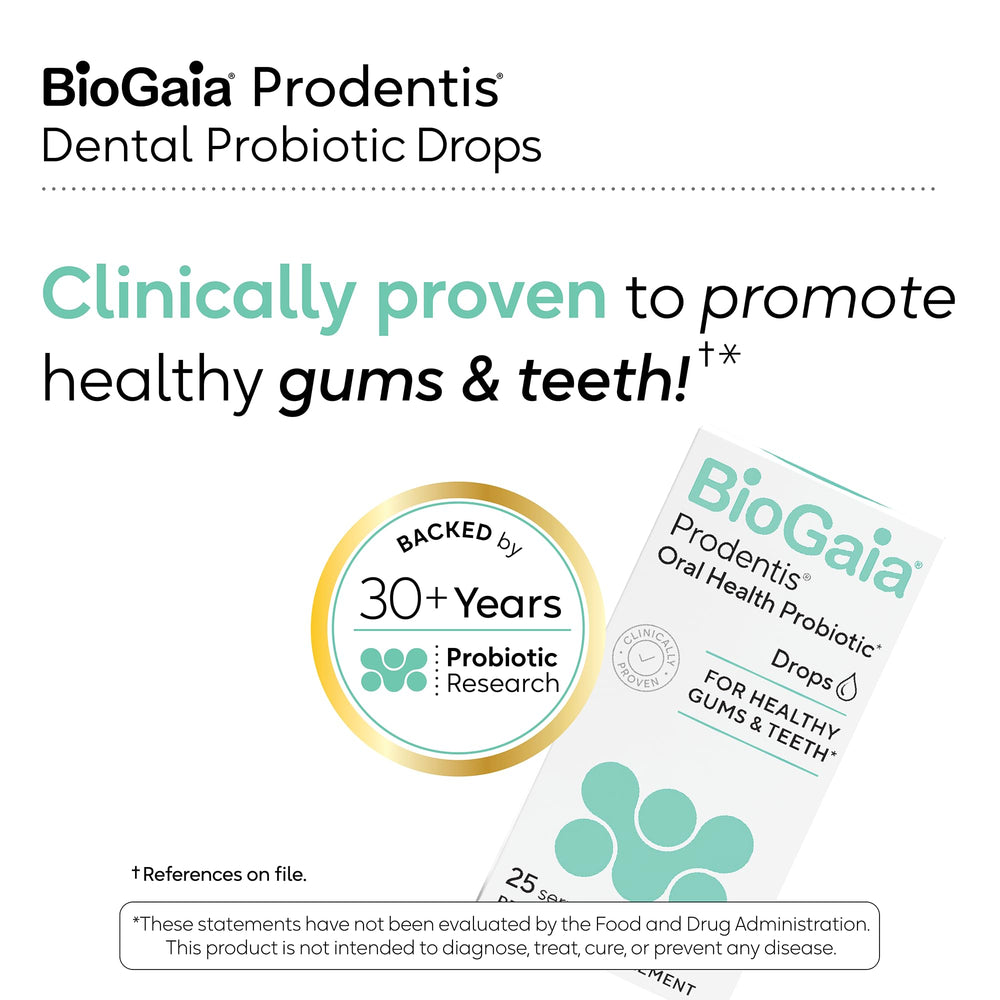 Prodentis drops vial next to toothbrush emphasizing easy nightly routine for oral health.