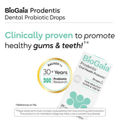 Prodentis drops vial next to toothbrush emphasizing easy nightly routine for oral health.