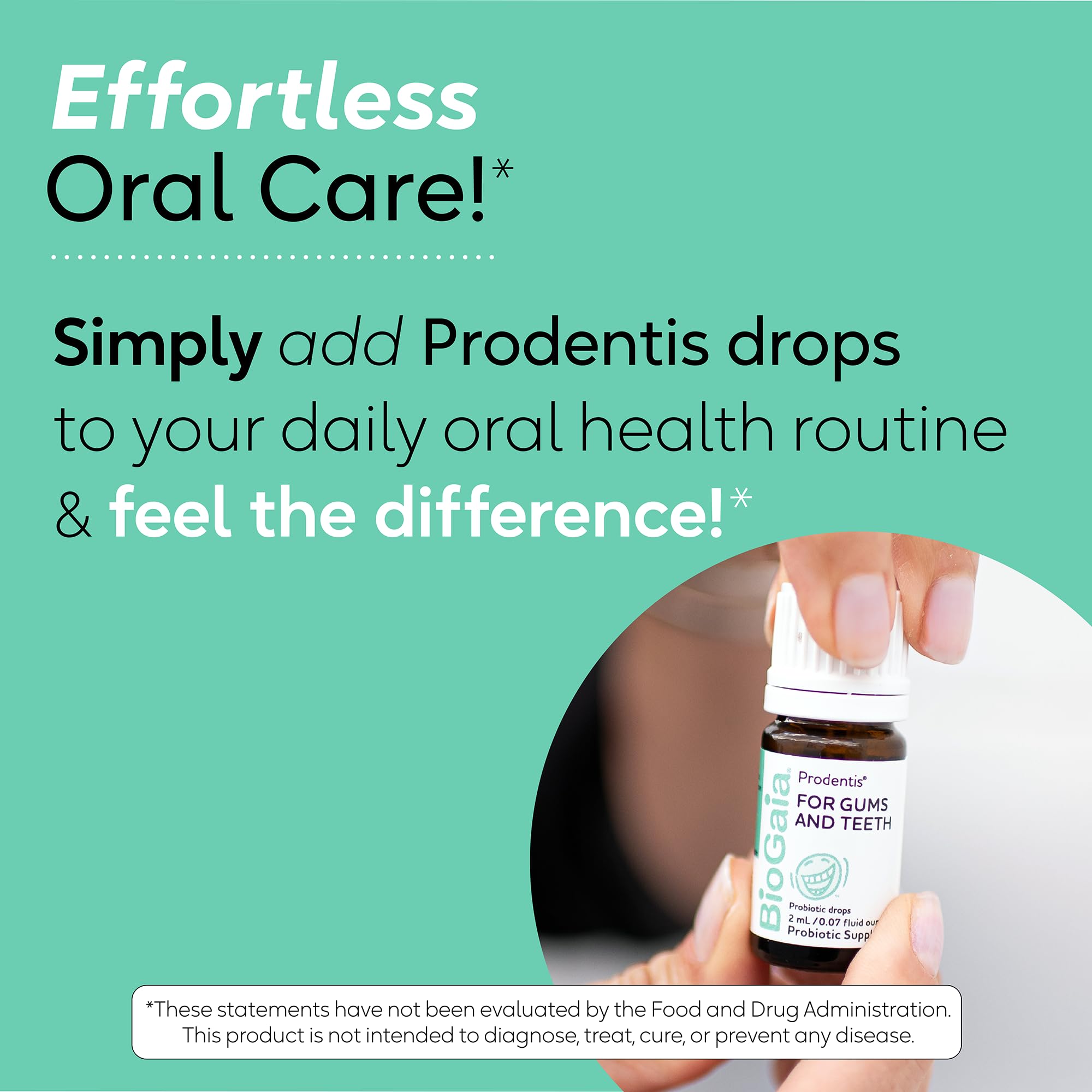 Five drops in mouth depicted for effortless daily oral care.