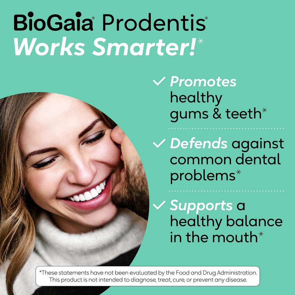 Morning routine shot with Prodentis drops enhancing gum and tooth health.