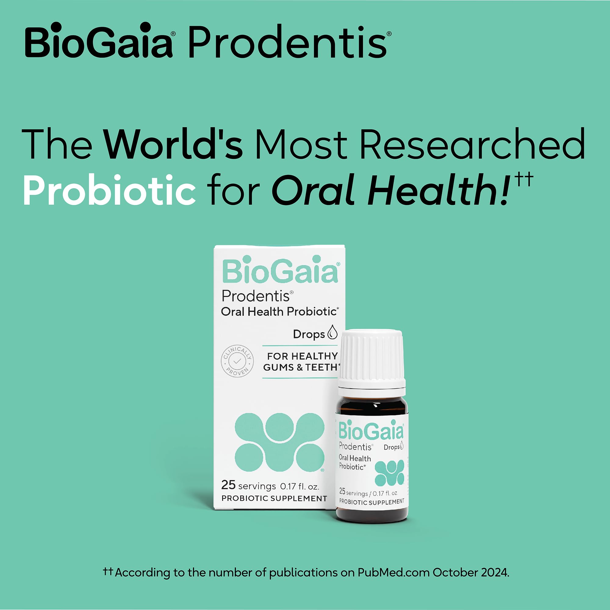 Packaging and label of BioGaia Prodentis highlighting clinically tested probiotics for oral health.