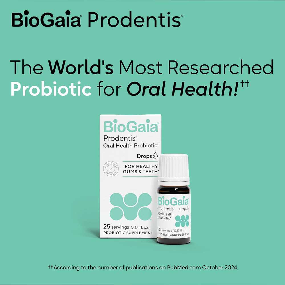 Packaging and label of BioGaia Prodentis highlighting clinically tested probiotics for oral health.