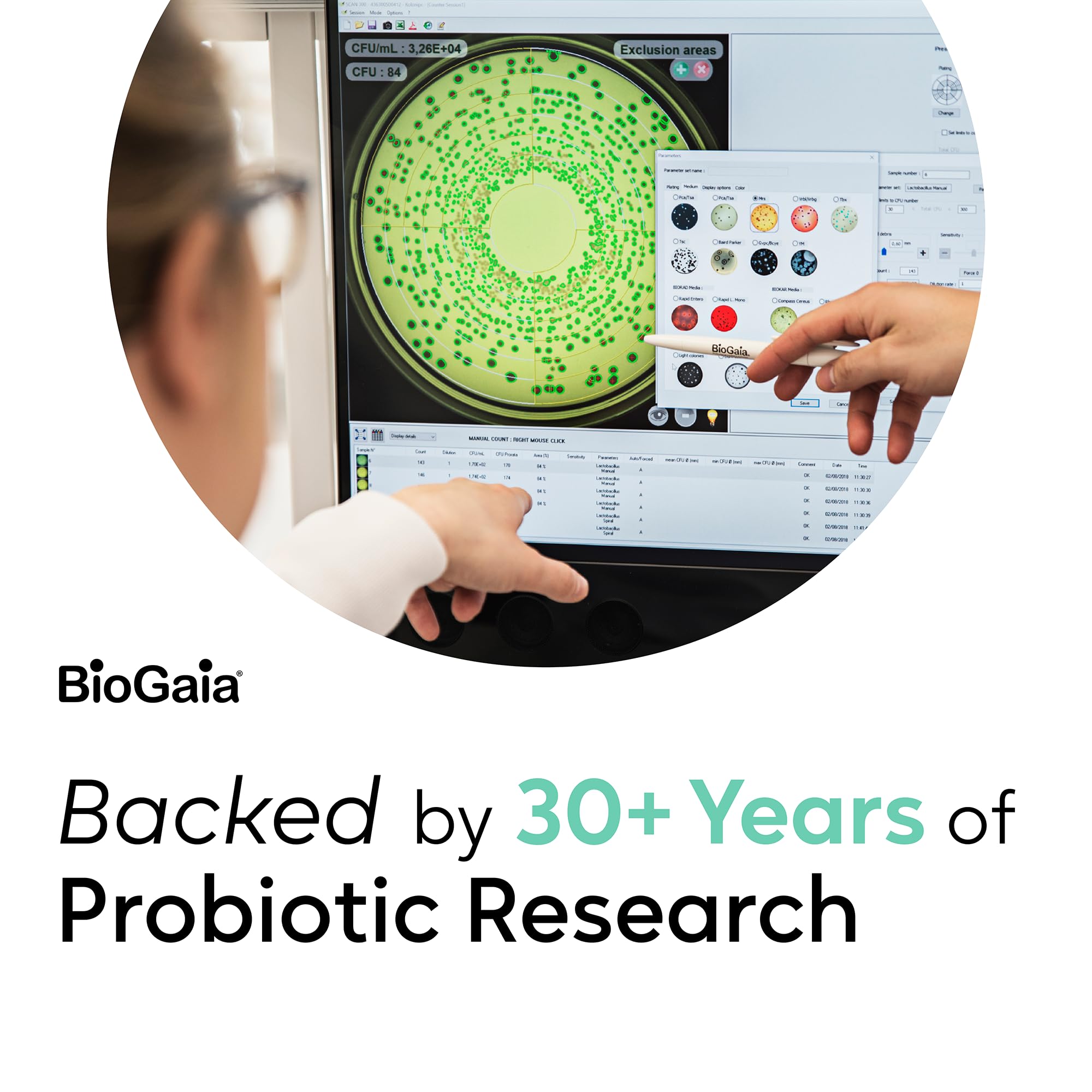 Product details: two patented probiotic strains for balanced mouth health.