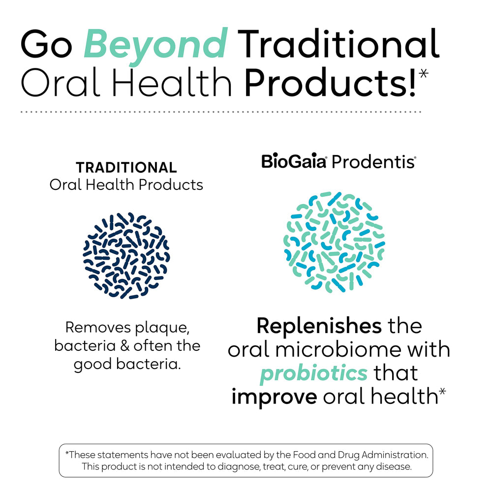 Smiling person uses Prodentis drops to replenish oral microbiome.
