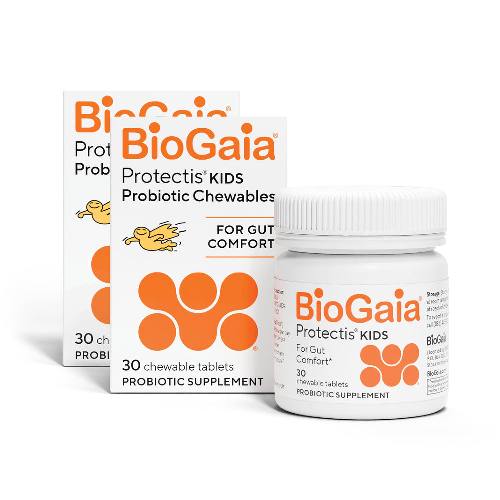 BioGaia Protectis front packaging shows kid-friendly probiotic for daily comfort.
